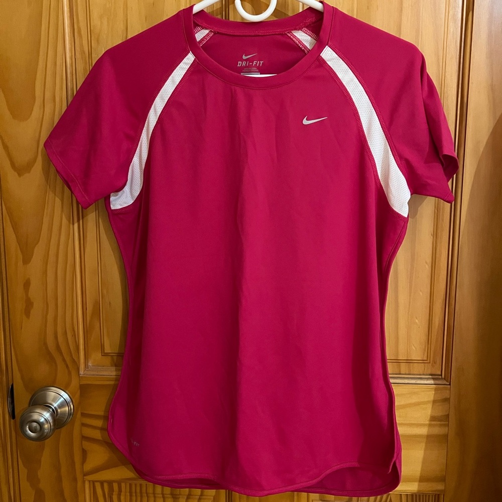 NIKE DRI-FIT WOMEN'S Pink/White Athletic Gym T-Shirt  Short Sleeve ~SIZE Large